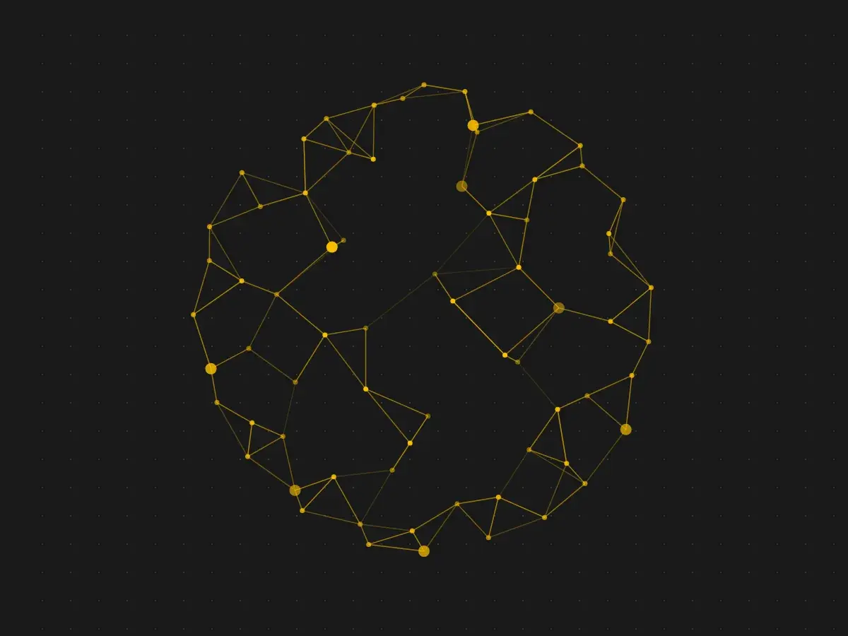 Red de nodos amarillos conectados formando una esfera sobre fondo oscuro