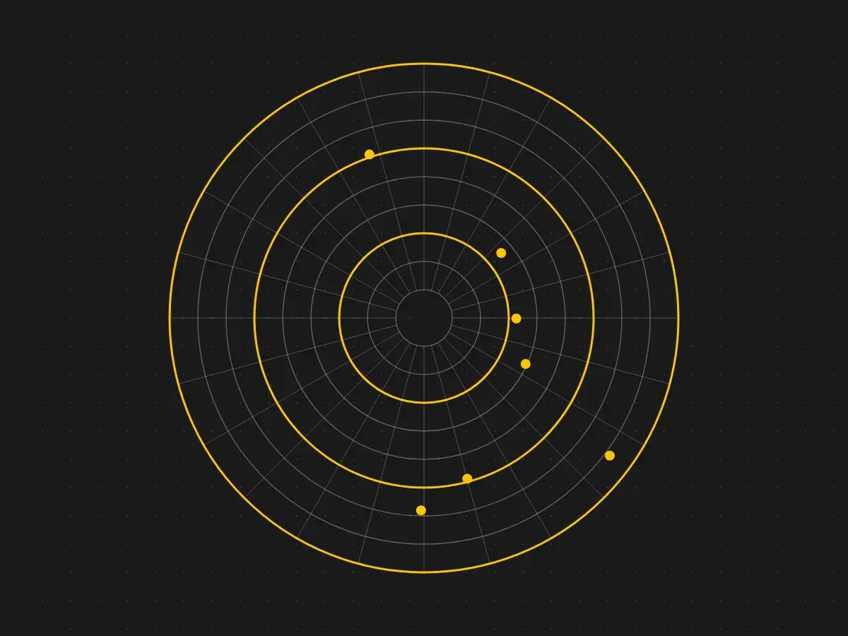 Círculos concéntricos tipo radar con puntos amarillos